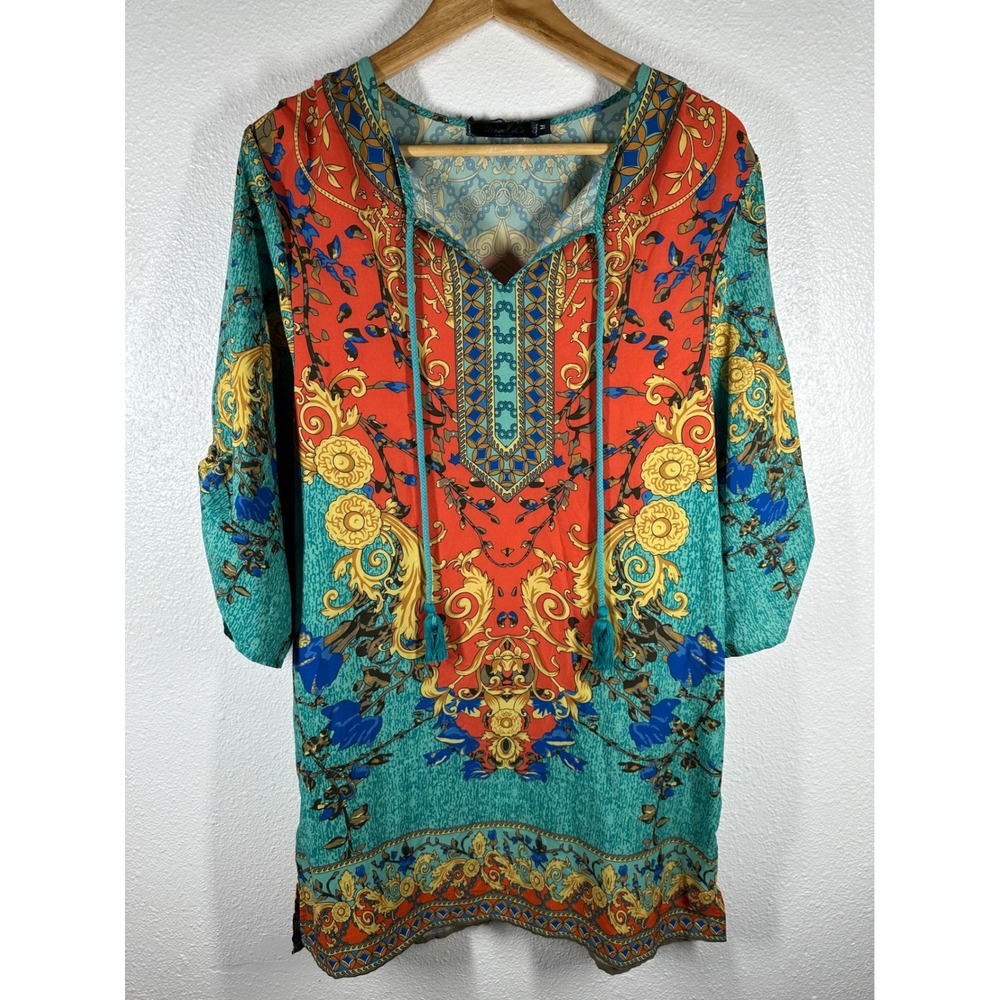 Urban CoCo Tunic‎ Top Womens Medium Teal Orange Baroque Print Tassel Tie Blouse - Picture 10 of 10